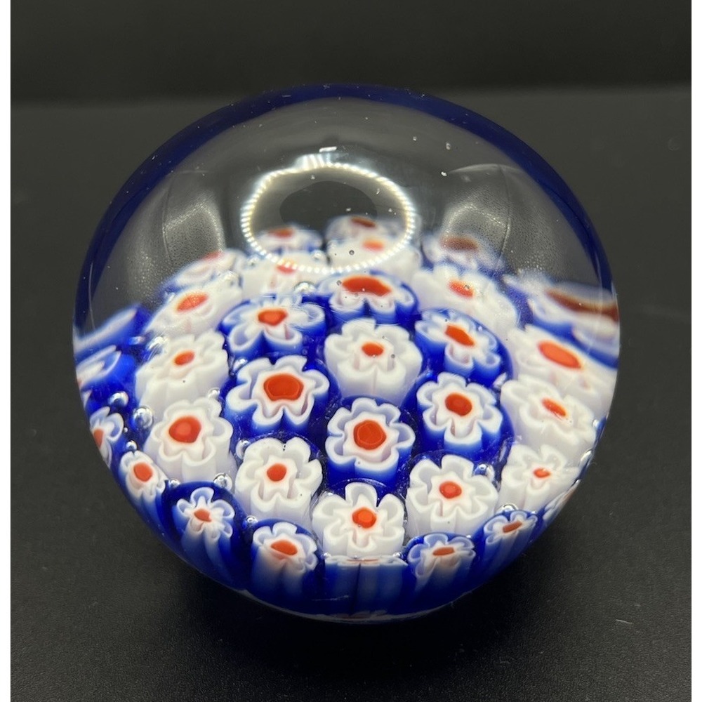 Vintage Murano Italy Millefiori Blue White Daisies Glass Art Paperweight Decor